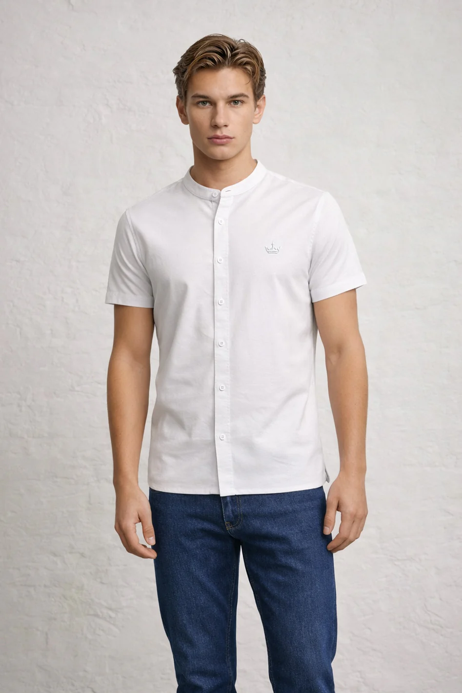 MENS IN CROWN EMB SS OXFORD GRANDAD SHIRT - Image 2